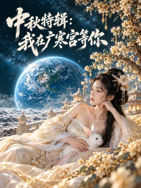 古装短剧海报：中秋特辑「我在广寒宫等你」月宫场景